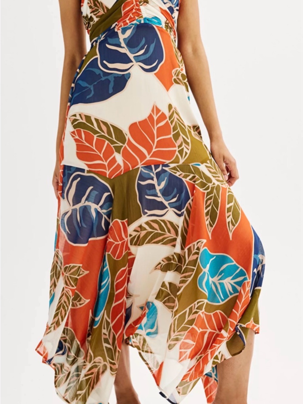 Nine West Halter Midi Dress - Tropical Leaf Print Handkerchief Hem